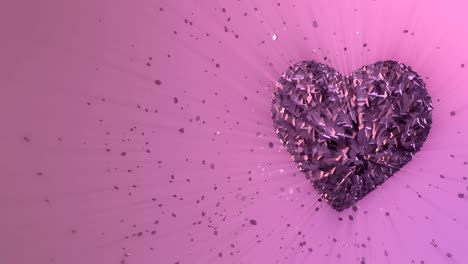 3d animation: abstract looped animated background: rotating luminous purple heart formed pieces and cubes of violet spinning with stray pieces. color background. seamless loop.