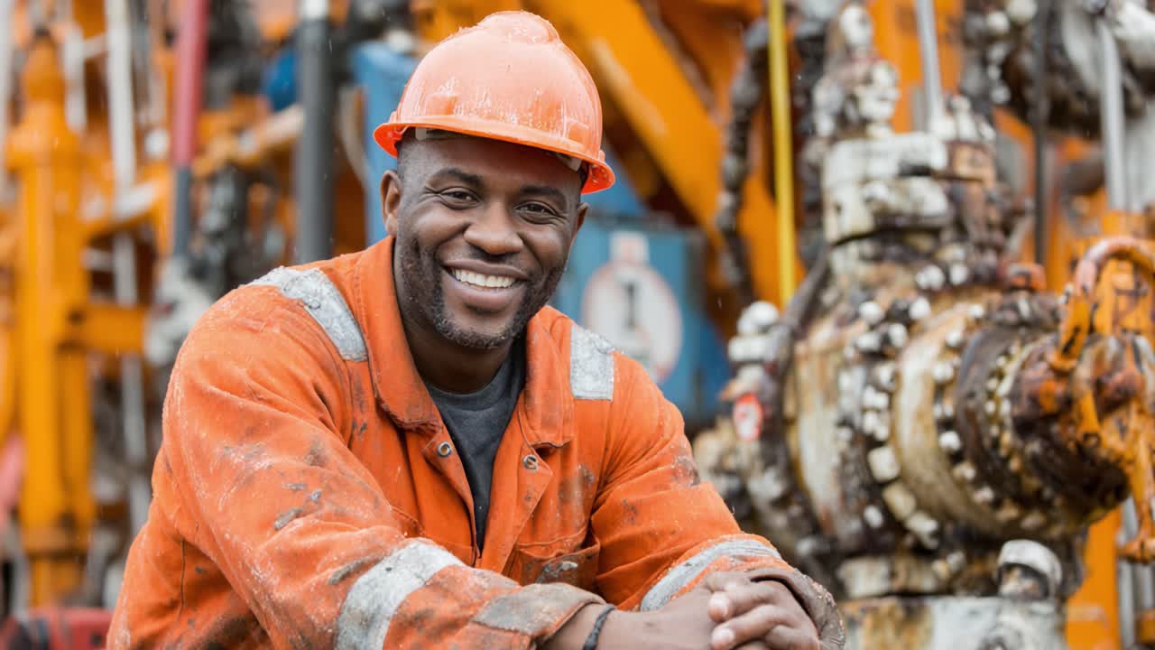 A hardworking professional in an orange uniform confidently poses for the camera with a smile, surrounded by industrial machinery in a dynamic work environment