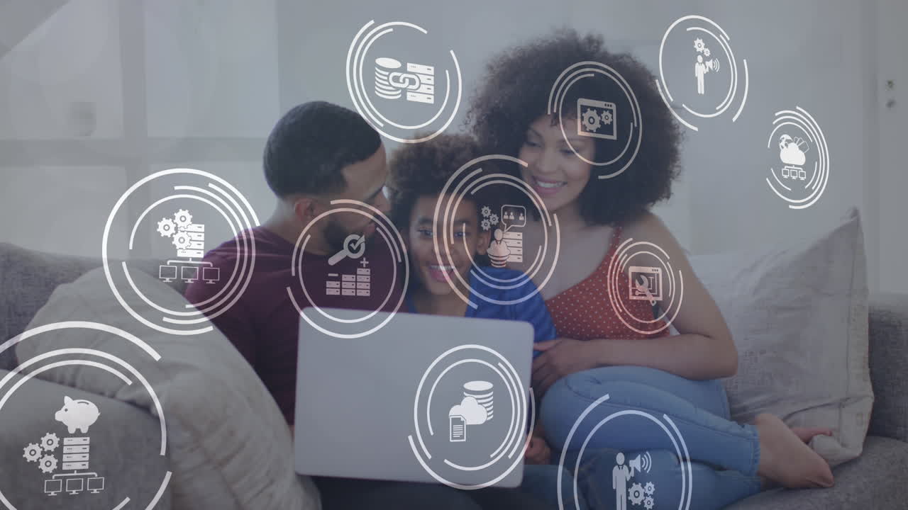 animación de una red de iconos sobre una pareja y un hijo usando una computadora portátil
