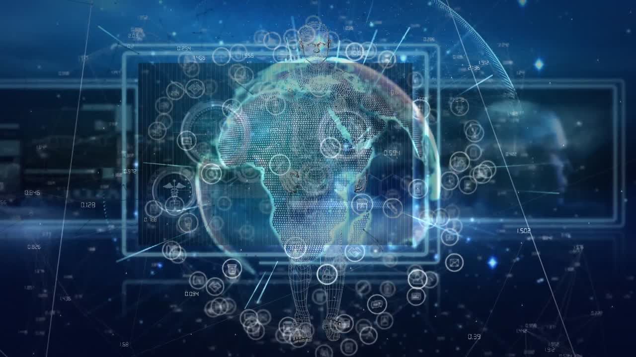 데이터와 함께 화면을 통해 연결된 지구의 애니메이션