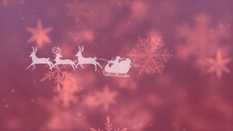 Animation-Des-Weihnachtsmanns-Im-Schlitten-Mit-Rentieren,-Der-Sich-über-Fallenden-Schnee-Bewegt