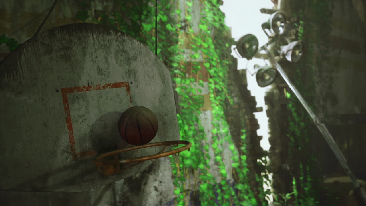 Overgrown outdoor basketball hoop surrounded by moss and decaying wall