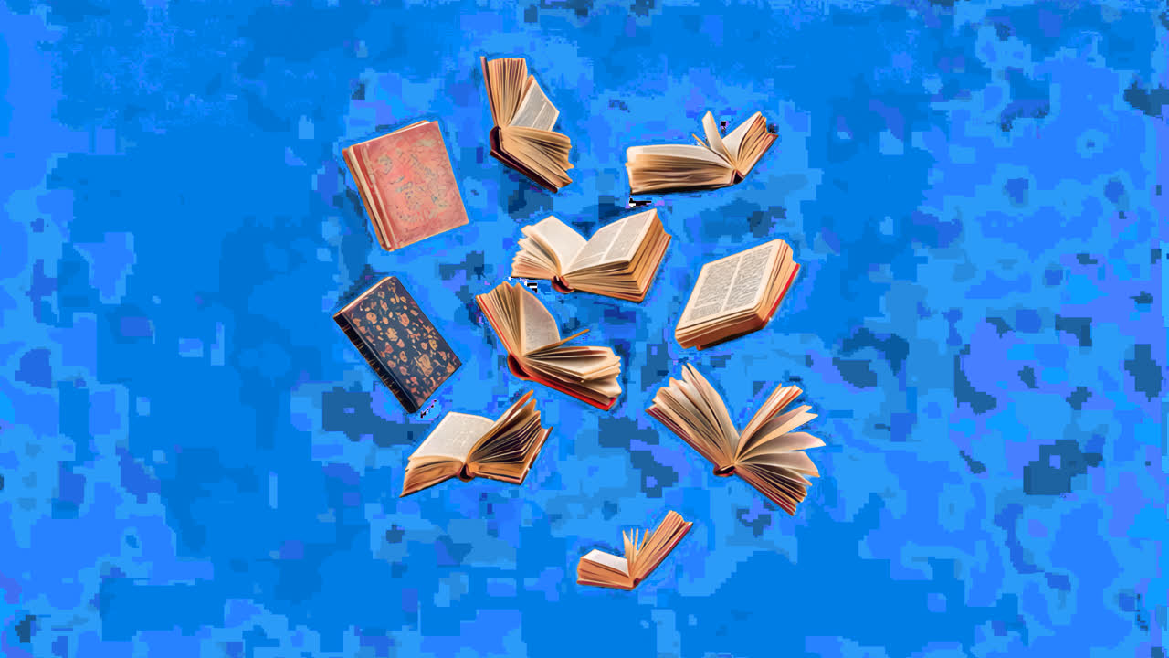 Floating vintage books collection animated overlay, transparent 4K video, alpha channel, ProRes 4444