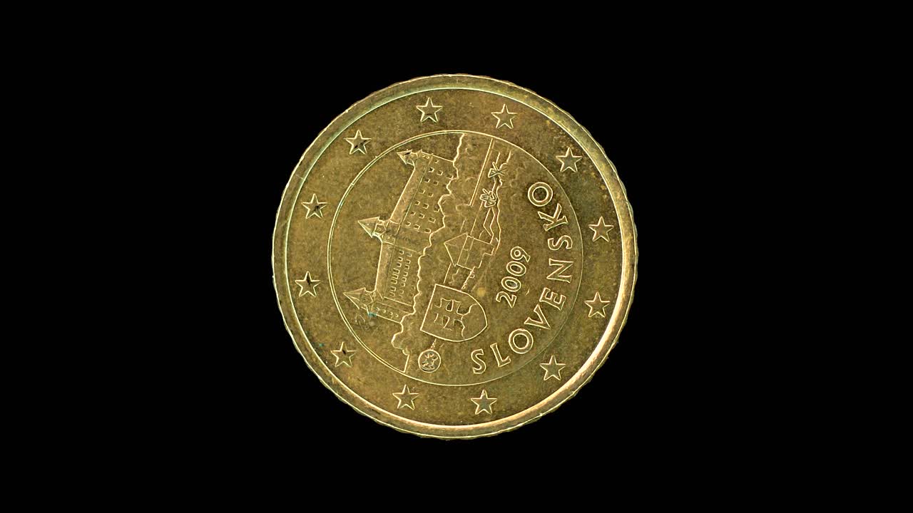 Slovakia 2009 50 cent obverse with Bratislava Castle and national shield rotating on black background