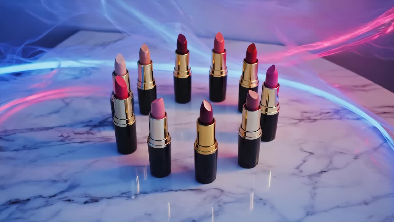Collection of lipsticks on a marble surface