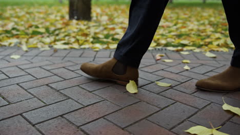 Man-legs-walking-along-path-in-daytime.-Male-feet-moving-slowly-in-autumn-park