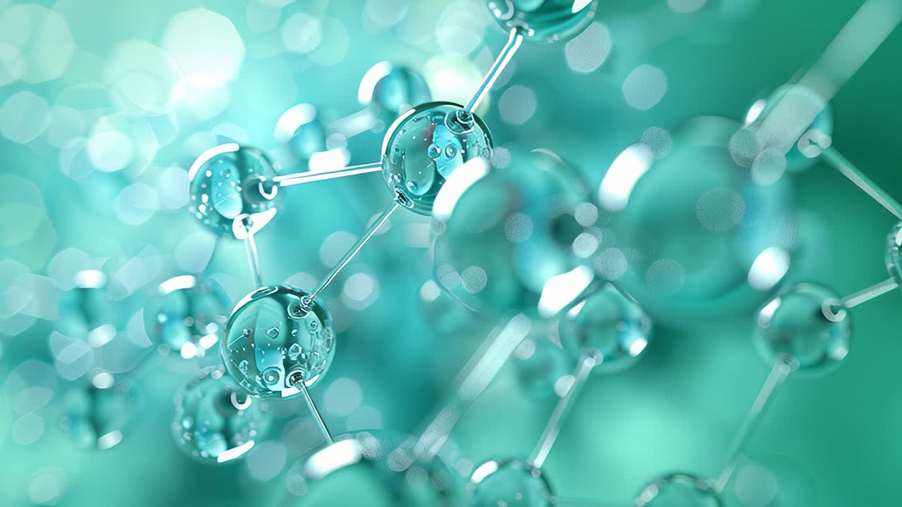 Transparent molecules structure rotating on turquoise background