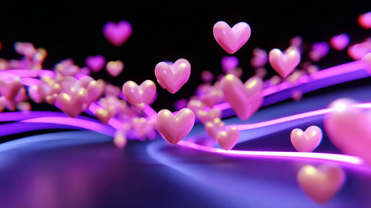 A mesmerizing display of floating pink hearts illuminated by a vibrant purple glow, creating a dreamy atmosphere that captures the essence of love and affection in a visually stunning composition