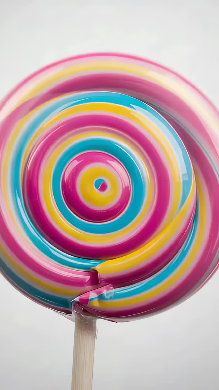 Vídeo vertical: câmera circulando um pirulito espiral em estúdio, mostrando uma costura espiral brilhante e o palito