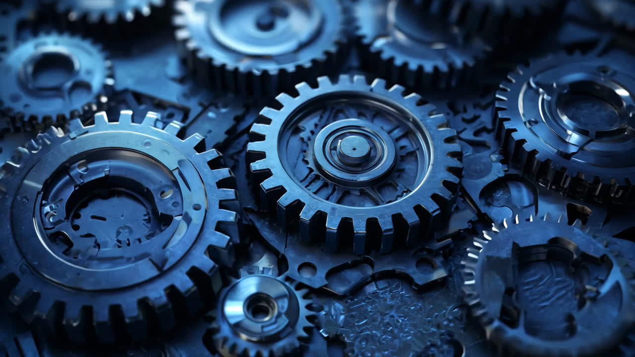 A close up of a bunch of blue gears. The gears are all different sizes and are arranged in a way that they look like they are all connected. The image has a mechanical and industrial feel to it