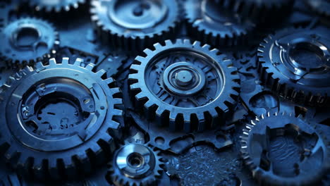 a close up of a bunch of blue gears. the gears are all different sizes and are arranged in a way that they look like they are all connected. the image has a mechanical and industrial feel to it