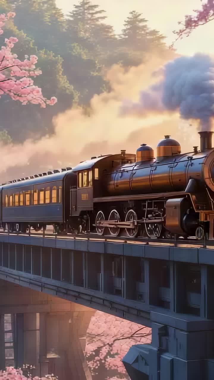 Vertical video: Emerging locomotive pulling passenger cars over bridge at dawn with petals drifting