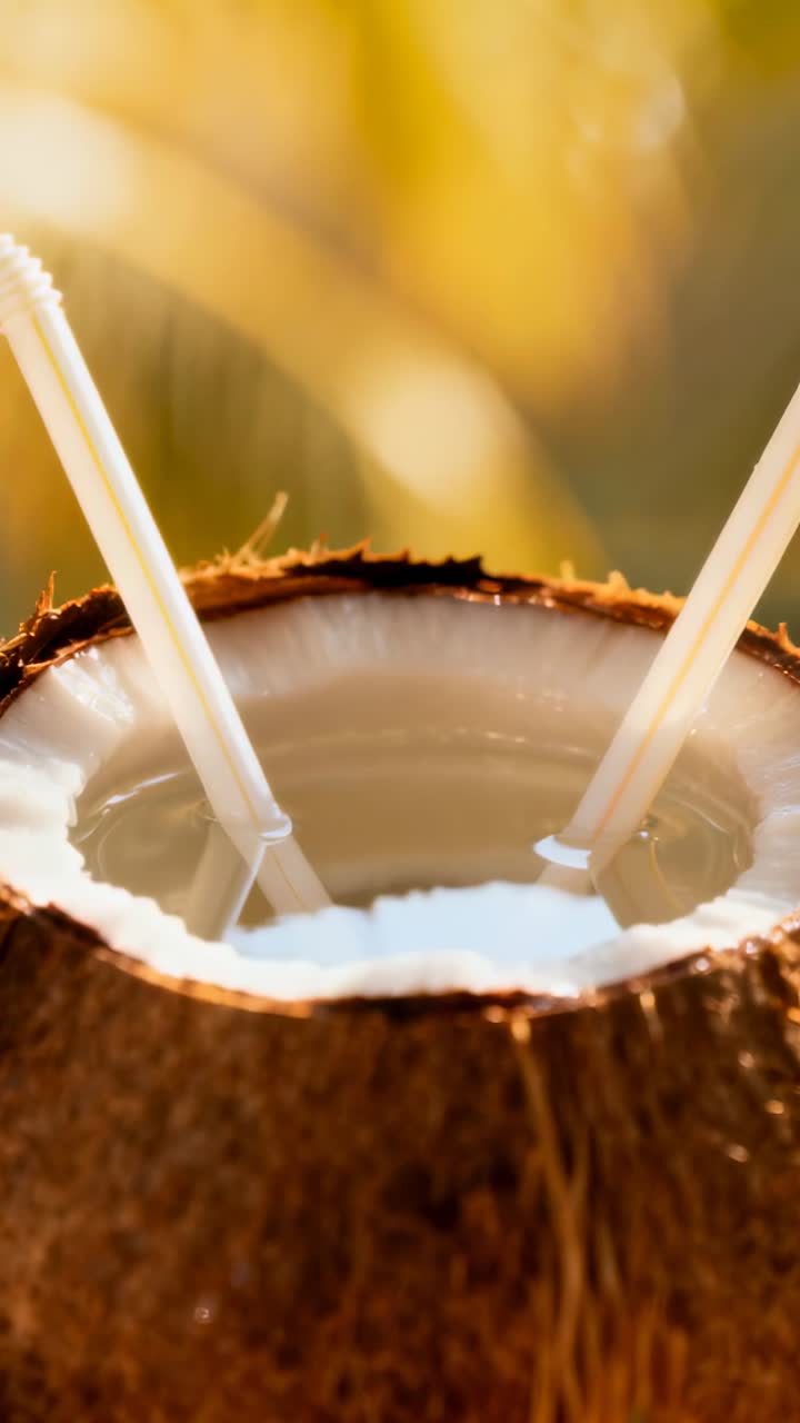 Vertical video: Finger nudging left white straw in sunlit garden, making ripples in halved coconut