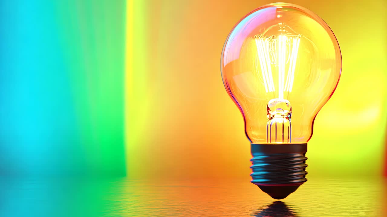 A light bulb is lit up and is sitting on a table. The light bulb is glowing brightly and is surrounded by a colorful background. Concept of brightness and energy