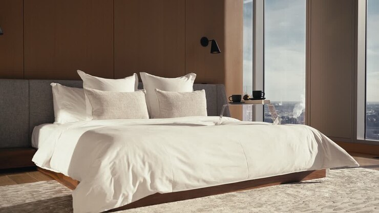 di un grande letto con lenzuola bianca con un comodino in cima all'interno di una camera da letto di lusso con grandi finestre