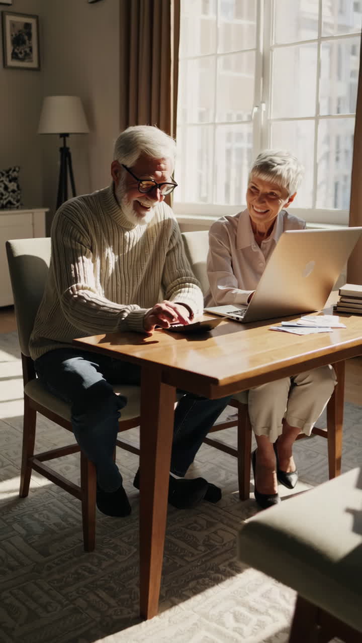 Elderly Couple Using Laptop and Calculator at Home