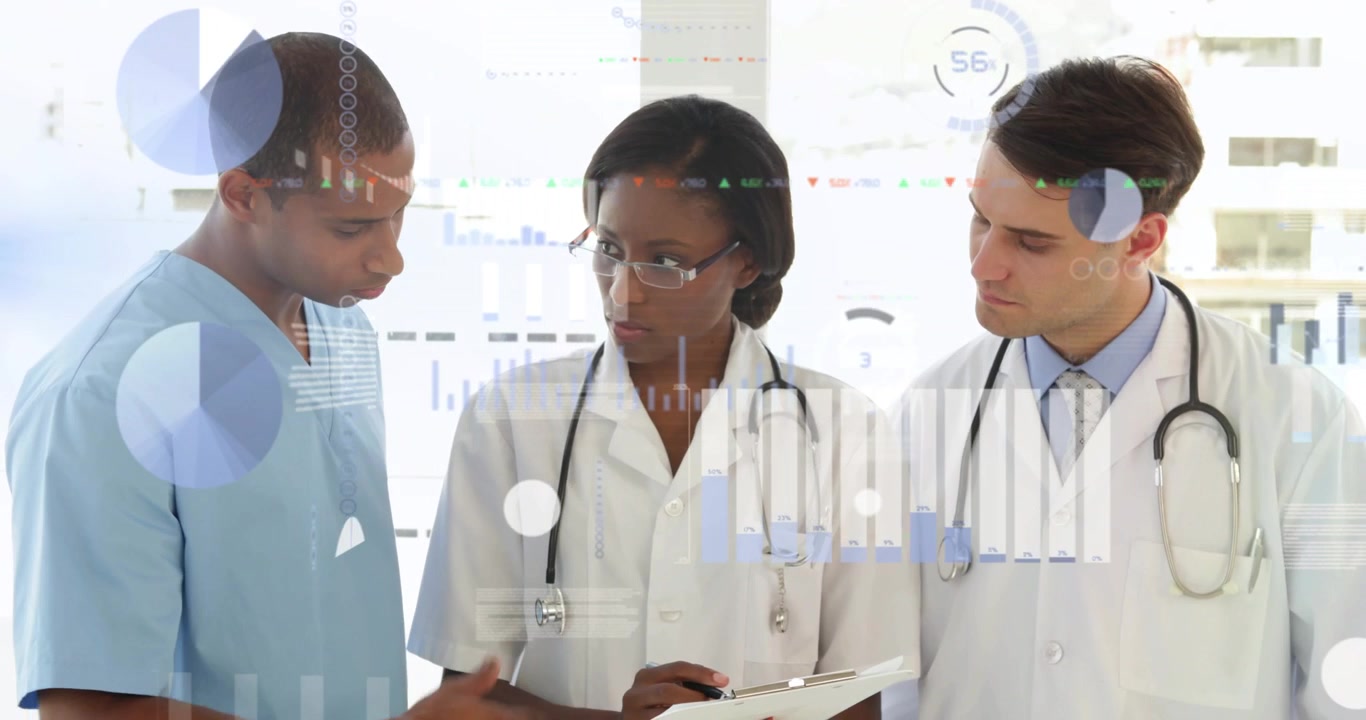 Lead MD tapping clipboard, team leaning in, animated charts overlaying clipboard for case review