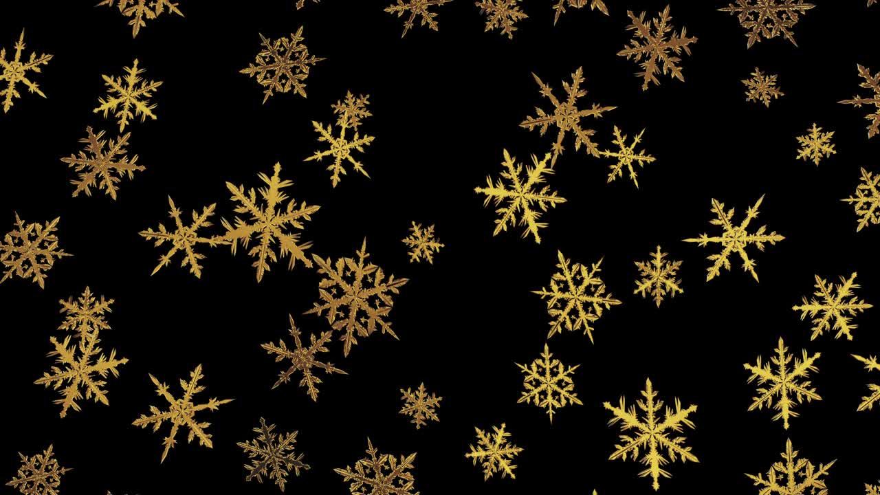 copos de nieve dorados sobre un fondo negro, renderizado en 3d. bucle sin costuras
