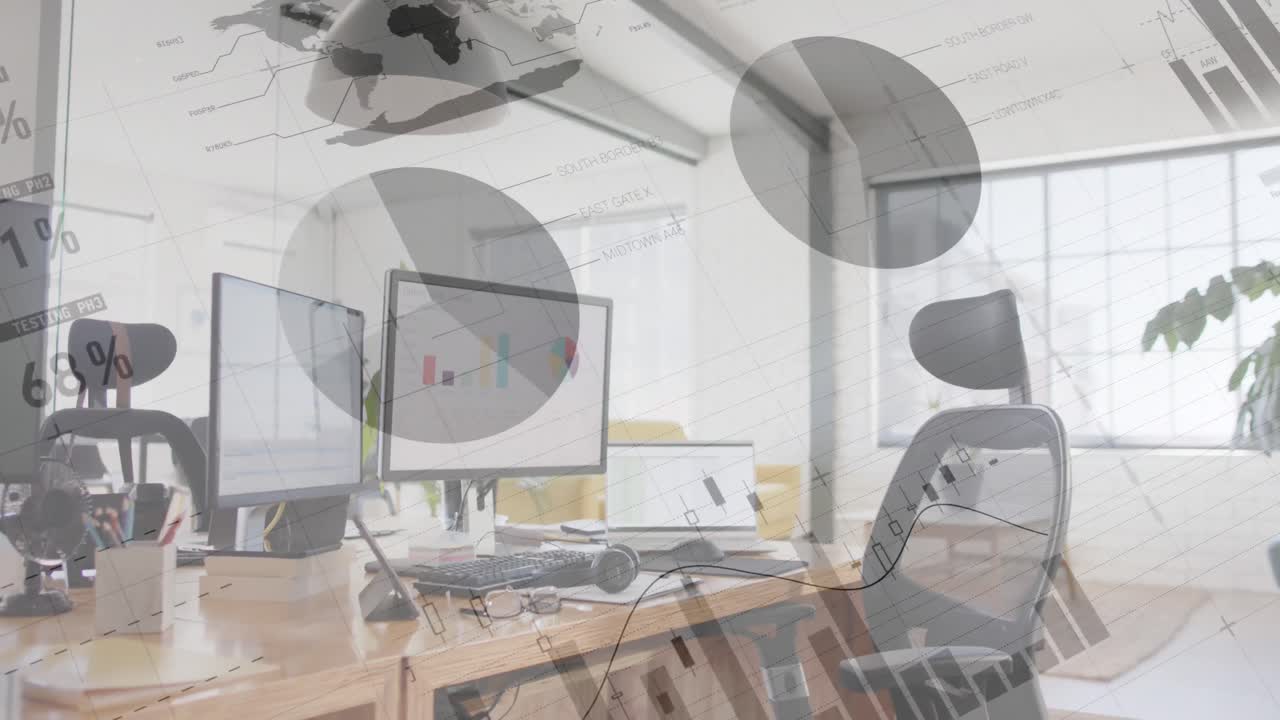 그래프의 애니메이션과 사무실의 책상에 있는 컴퓨터를 통해 데이터 처리를