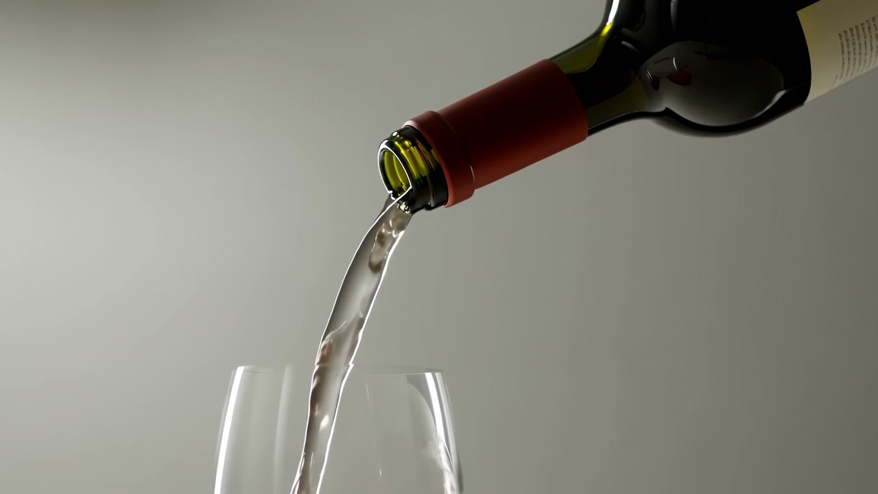 Bouteille de vin en verre vert foncé inclinée pour verser un filet de liquide clair dans un verre à vin avec une base de liquide rouge, montrant un écoulement en arc, des ondulations de surface, de petites bulles, des reflets brillants, un éclairage de studio doux