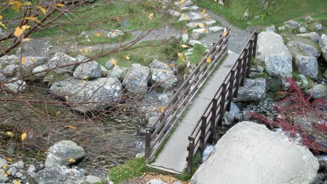 Wooden-waterfall-bridge-and-rocky-river-through-Autumn-bare-leafless-trees-high-angle-push-in