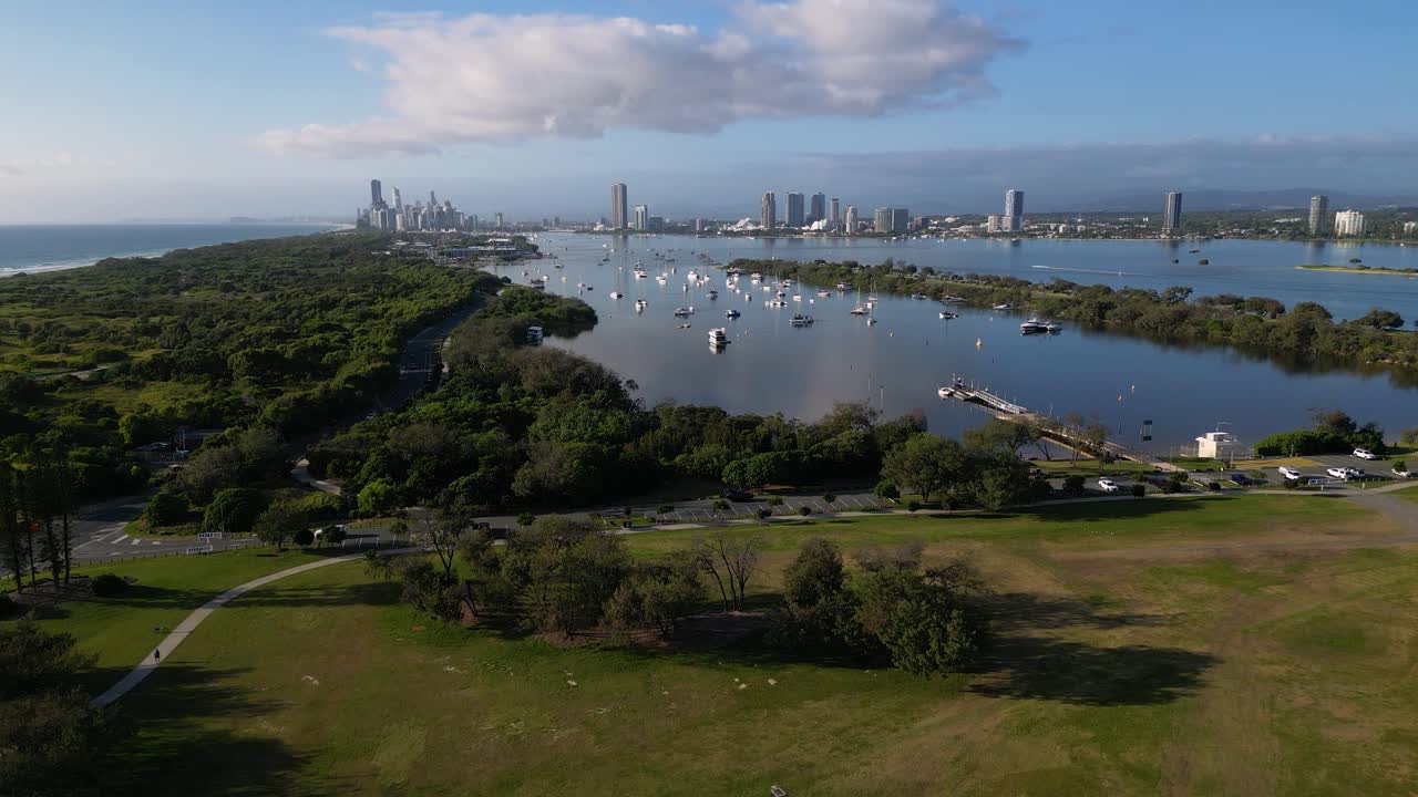 Rising aerial View over Doug Jennings Park looking South towards Surfers Paradise, Gold Coast, Australia.