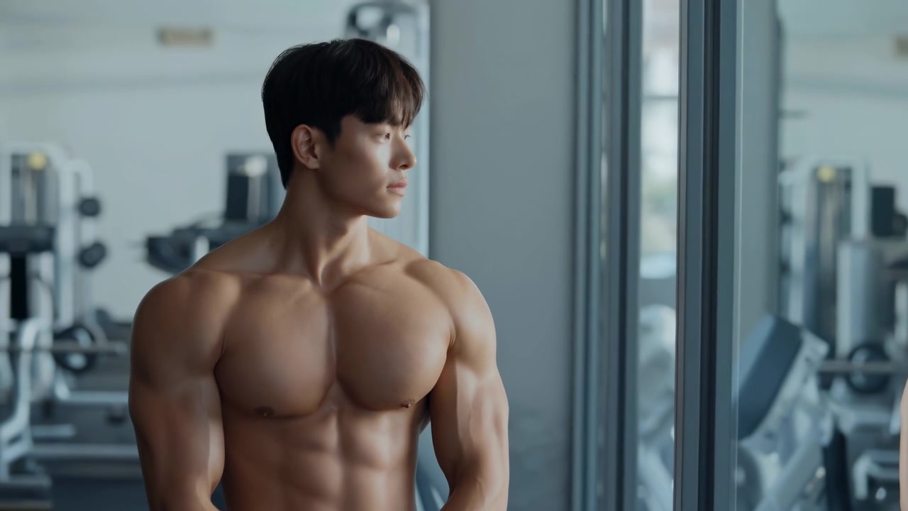 ジムでポーズをとるシャツを着ていないアジア人男性フィットネスモデル。窓の外を見つめる思索的な眼差しに、自然光が彼の体を強調している。