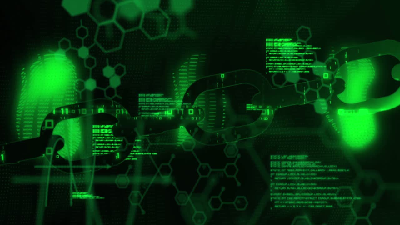 Neon green security chain icon over chemical structures and data processing against black background