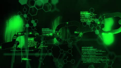 Neon-green-security-chain-icon-over-chemical-structures-and-data-processing-against-black-background