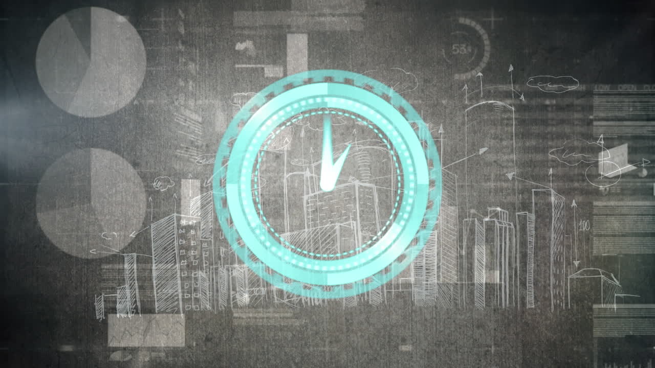 Animation of clock moving fast and statistics with data processing over cityscape