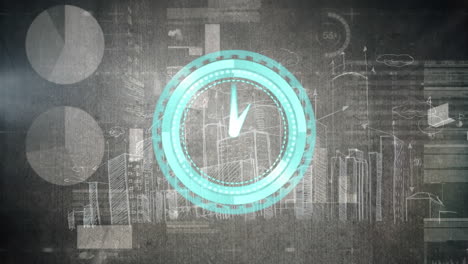 animación de reloj que se mueve rápido y estadísticas con procesamiento de datos sobre el paisaje urbano