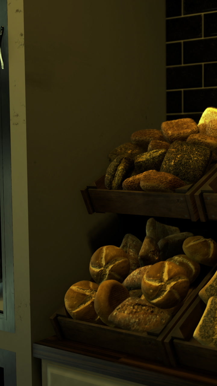 Breads displayed on wooden racks in a bakery setting during daylight