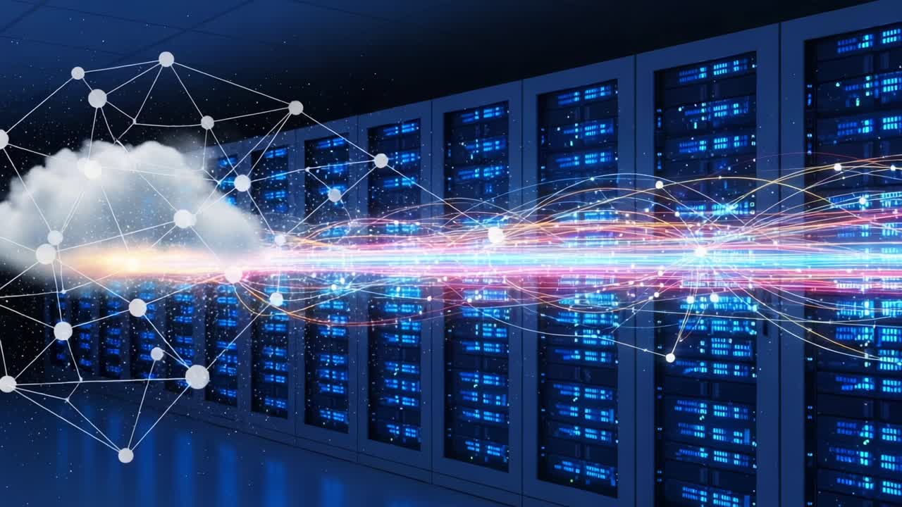 A Stunning Visualization of Cloud Data Flow Between High-Tech Servers, Representing the Fast-Paced Movement of Digital Information in Modern Data Centers