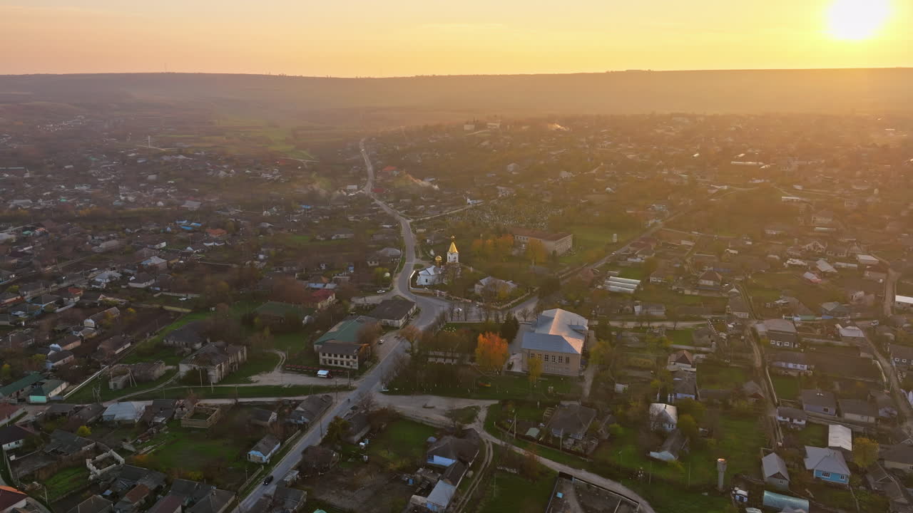 Aerial drone view of the houses in Orhei, Moldova at sunset