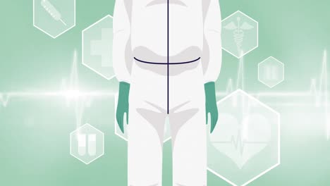 녹색 배경의 디지털 아이콘 위에 얼굴 마스크와 비저 아이콘을 착용한 의사의 애니메이션