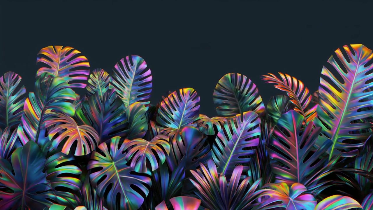 Abstract Iridescent Monstera Leaves Against Dark Background