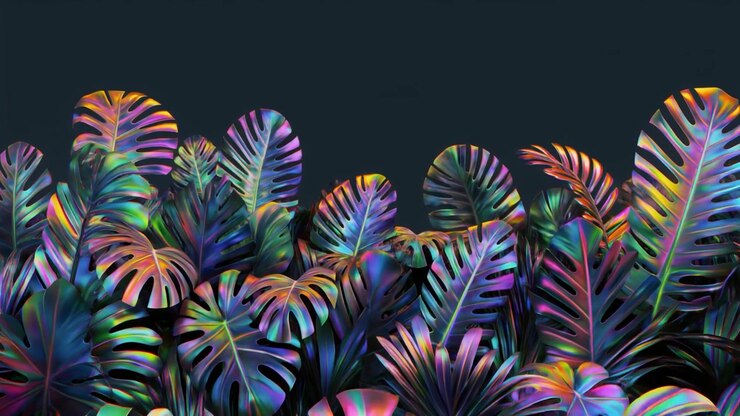 Abstract Iridescent Monstera Leaves Against Dark Background