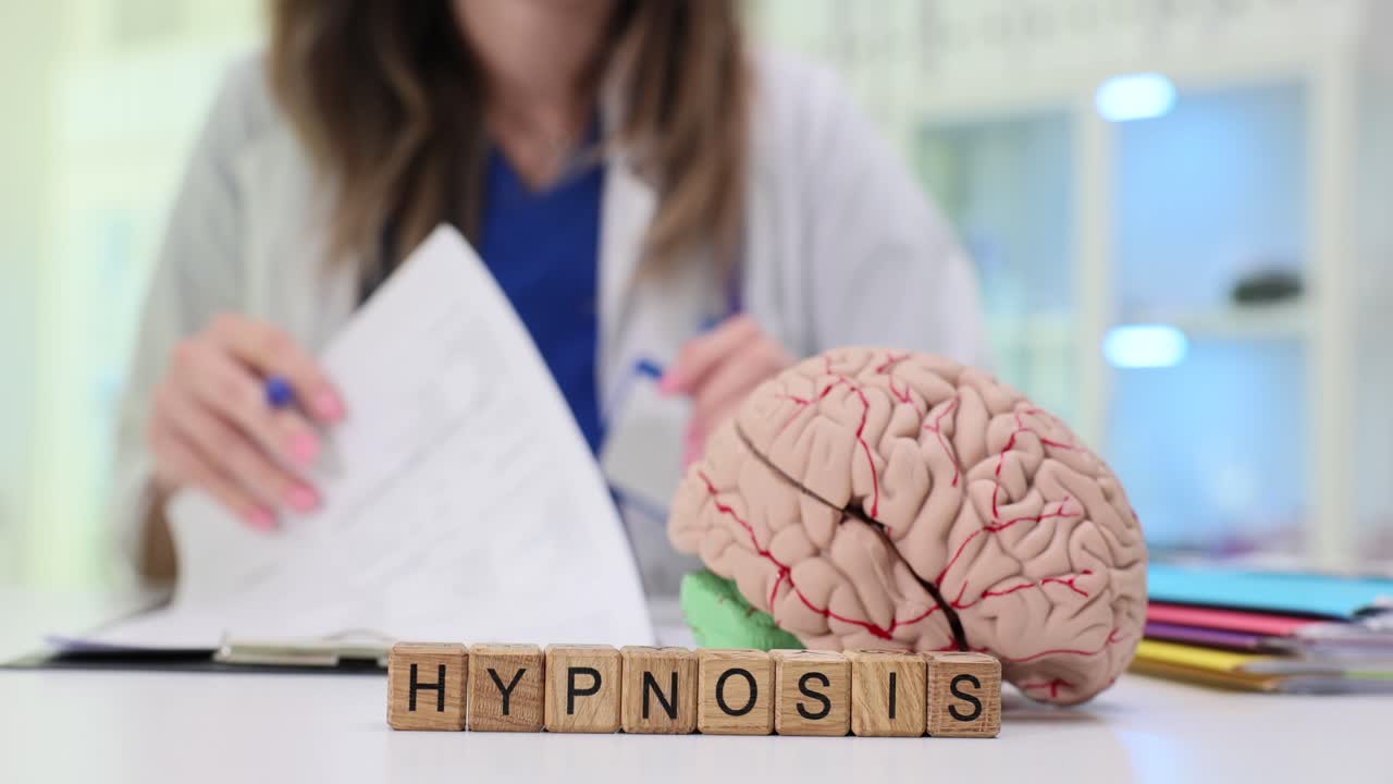 Holzwürfel bilden das Wort Hypnose nahe einem anatomischen Gehirnmodell.
