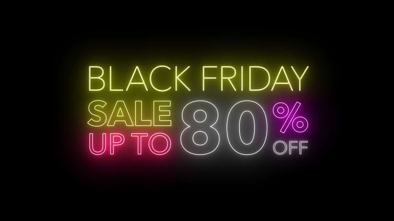 Animasi kilatan diskon Black Friday hingga 90%, spanduk bergerak tanda neon warna-warni menyala dengan latar belakang hitam untuk video promosi. Konsep promosi penjualan merek seri 10-90%