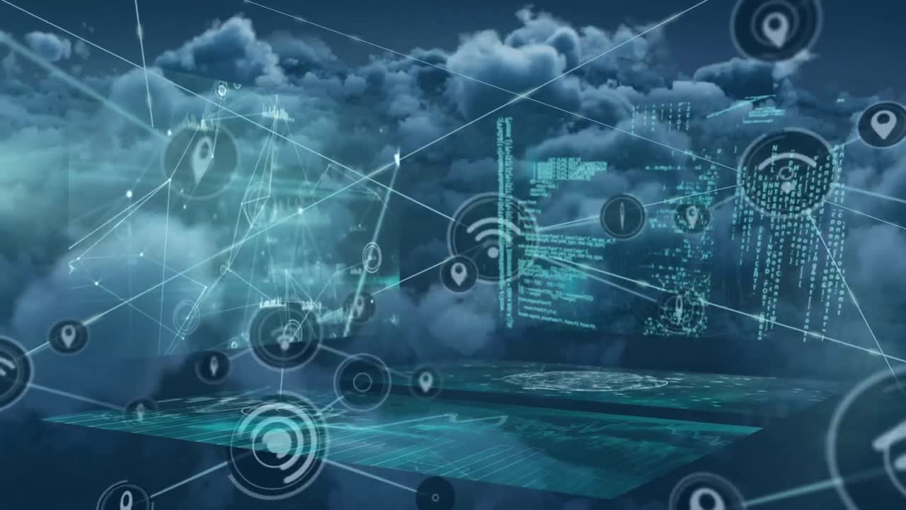 Animation of network of connections and icons over cloudy sky