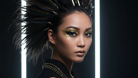striking fashion portrait with edgy hairstyles and bold makeup highlights, showcasing unique textures and vibrant colors against dark backdrop