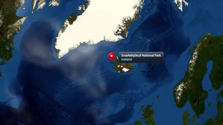 3D satellite animation zooming from outer space into Snaefellsjokull National Park, Iceland, marking its location. Includes NASA public domain imagery.