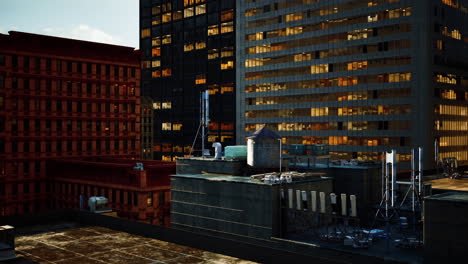 aerial view of a city rooftop with skyscrapers in the background