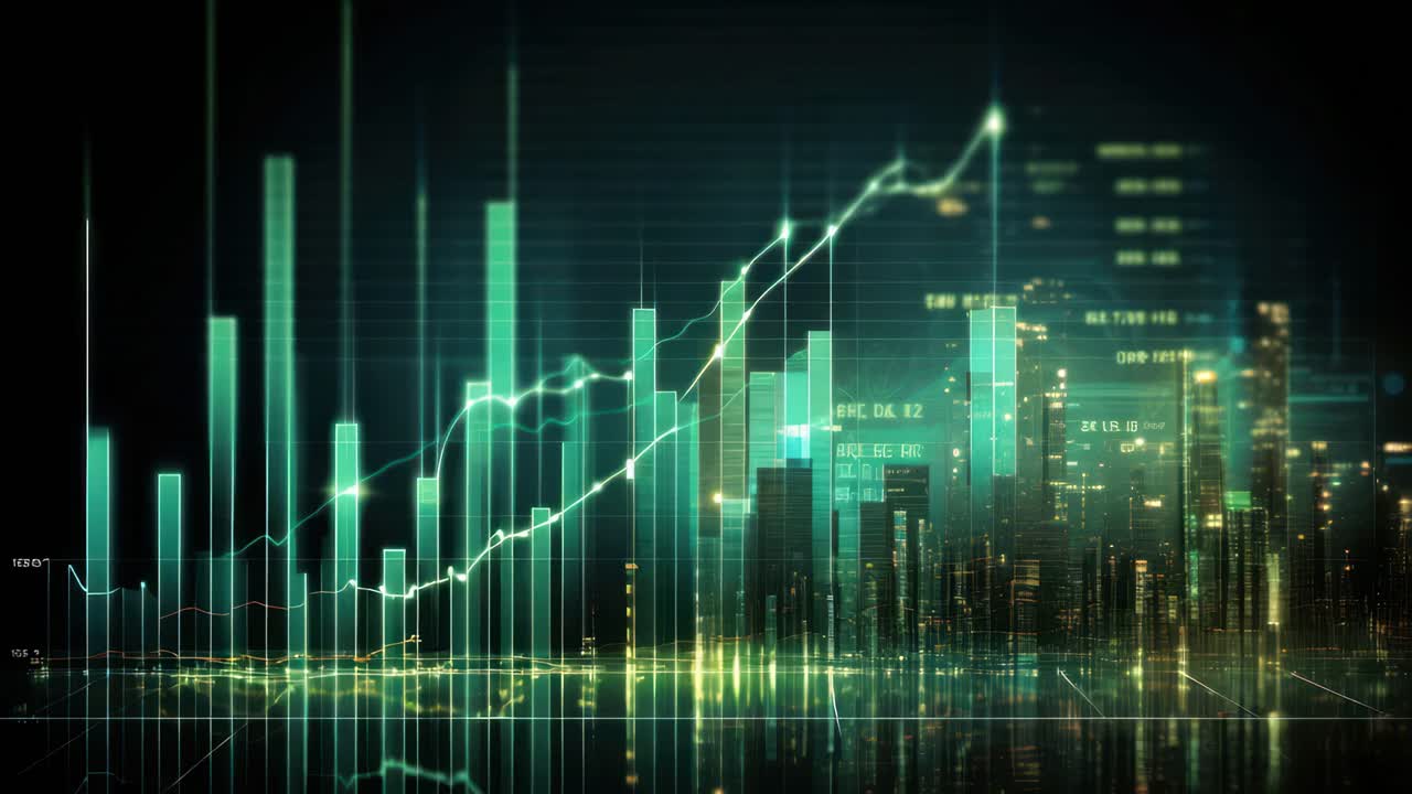 Futuristisk videokoncept af et finansdiagram med glødende grønne søjler og linjer
