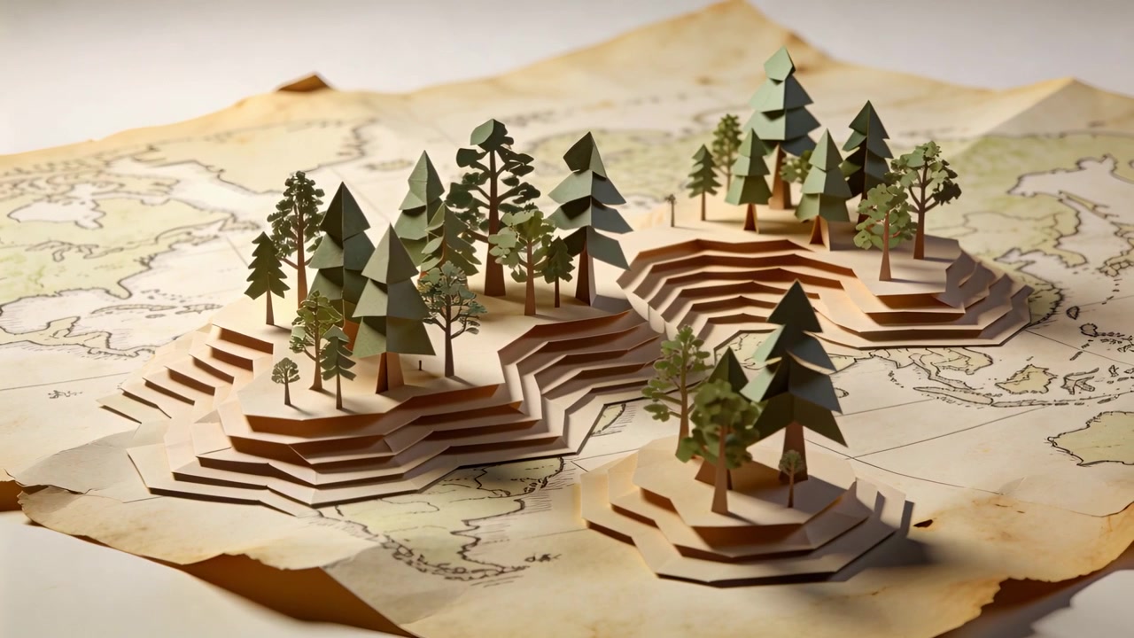 Camera trekkend toont papieren diorama op tafelblad met verouderde kaart, onthullend contouren, bomen, palen