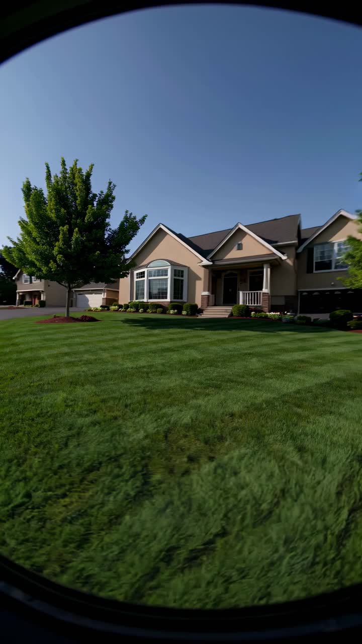 Wide-angle video shot of a suburban house with a manicured lawn, capturing a sunny day and a clear