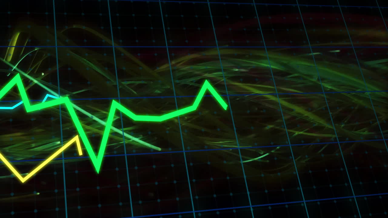 Green fluctuating line graph animation over abstract dark background with grid