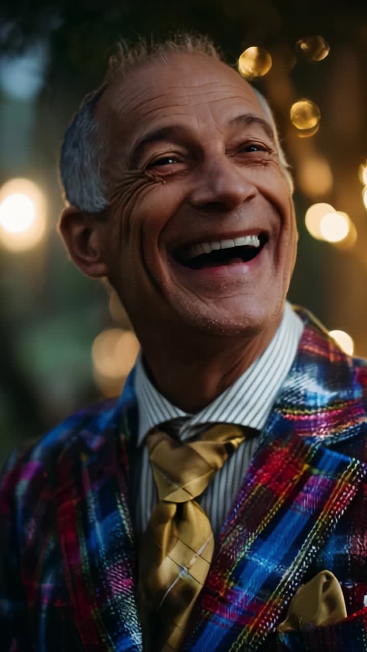 Uomo felice in un colorato abito a quadri e cravatta dorata che sorride sotto luci fatate, immortalando un momento di felicità e festa in un ambiente festoso