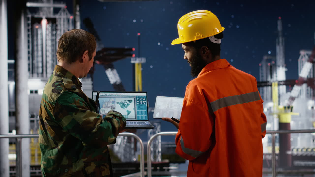 Naval soldier and engineer on escort coordinating protection and logistics