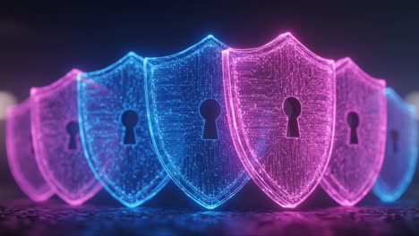 a futuristic digital shield concept featuring interlocking shields with lock symbols in vibrant neon pink and blue colors, emphasizing cybersecurity and protection